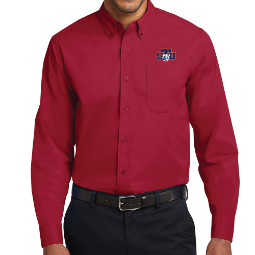  Twill Button Down Long Sleeve Cardinal - STU w/ Bobcat Head