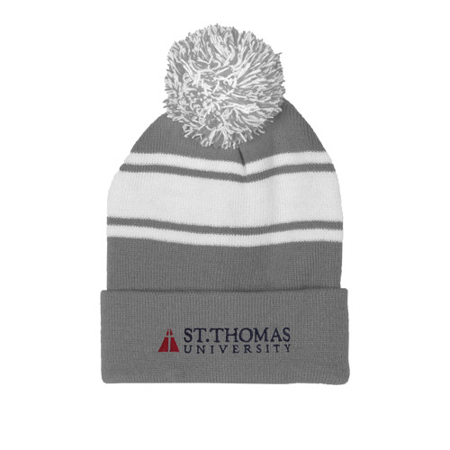  Grey/White Two Tone Knit Pom Beanie w/Cuff - University Mark
