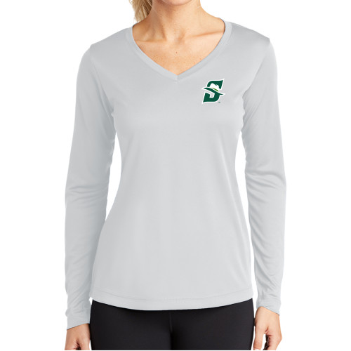  Womens White Performance Long Sleeve V Neck Shirt - Primary logo