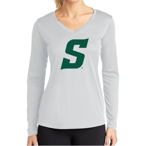  Womens White Performance Long Sleeve V Neck Shirt - Secondary Logo