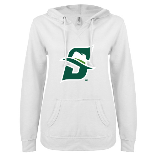  ENZA Womens White V Notch Raw Edge Fleece Hoodie - Primary logo