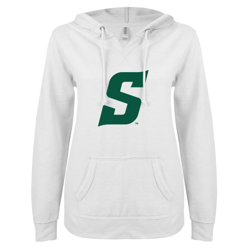  ENZA Womens White V Notch Raw Edge Fleece Hoodie - Secondary Logo
