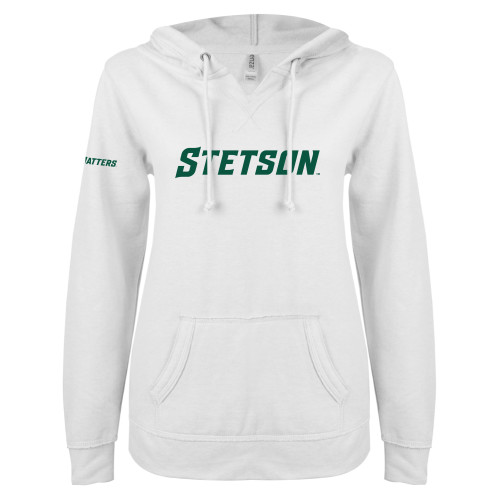  ENZA Womens White V Notch Raw Edge Fleece Hoodie - Stetson