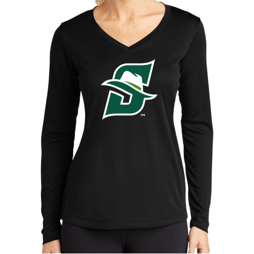  Womens Black Performance Long Sleeve V Neck Shirt - Primary logo