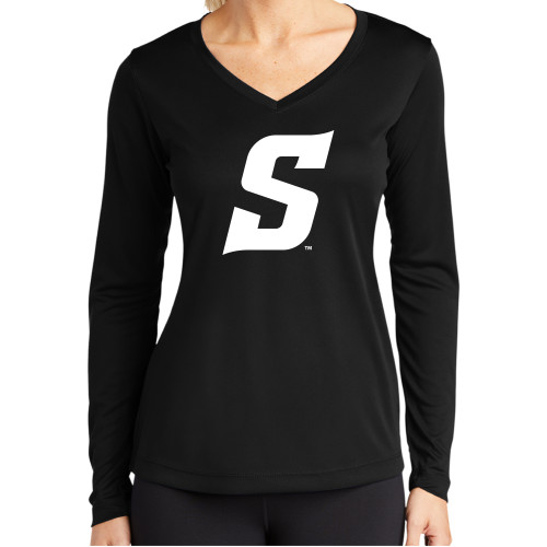  Womens Black Performance Long Sleeve V Neck Shirt - Secondary Logo