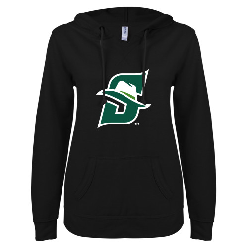  ENZA Womens Black V Notch Raw Edge Fleece Hoodie - Primary logo