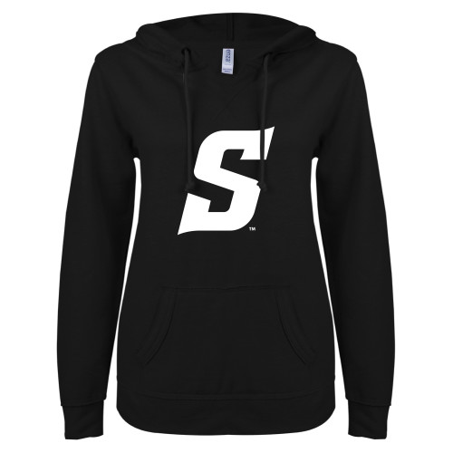  ENZA Womens Black V Notch Raw Edge Fleece Hoodie - Secondary Logo
