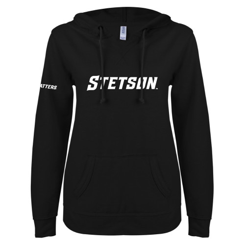  ENZA Womens Black V Notch Raw Edge Fleece Hoodie - Stetson