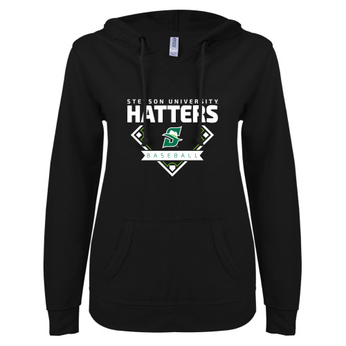  ENZA Womens Black V Notch Raw Edge Fleece Hoodie - Baseball Diamond