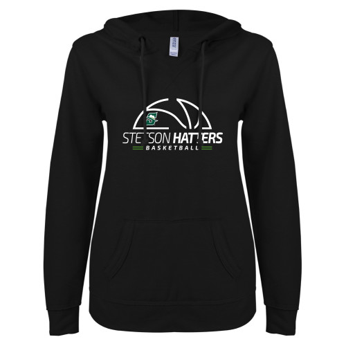  ENZA Womens Black V Notch Raw Edge Fleece Hoodie - Stetson Hatters Basketball