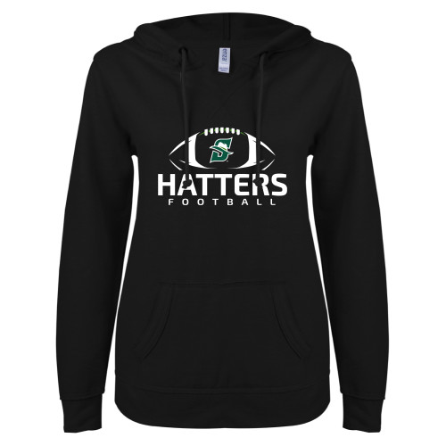  ENZA Womens Black V Notch Raw Edge Fleece Hoodie - Hatters Football