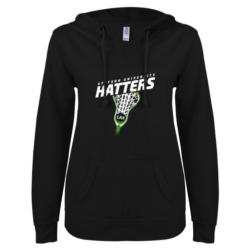  ENZA Womens Black V Notch Raw Edge Fleece Hoodie - Lacrosse Stick