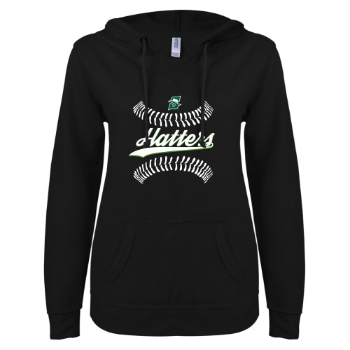  ENZA Womens Black V Notch Raw Edge Fleece Hoodie - Softball Seams