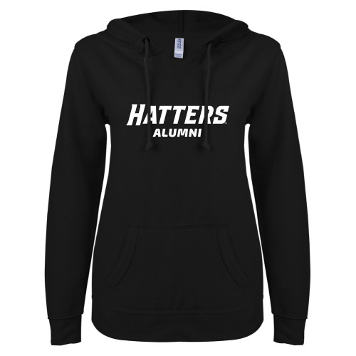  ENZA Womens Black V Notch Raw Edge Fleece Hoodie - Alumni
