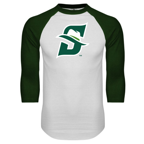  White/Dark Green Raglan Baseball T Shirt - Primary logo