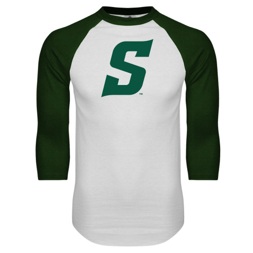  White/Dark Green Raglan Baseball T Shirt - Secondary Logo
