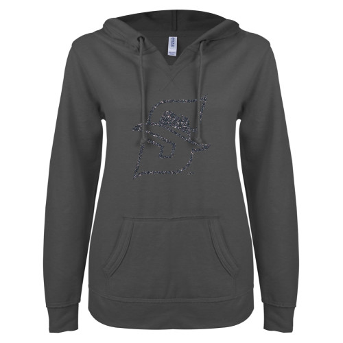  ENZA Womens Dark Heather V Notch Raw Edge Fleece Hoodie - F Graphite Soft Glitter