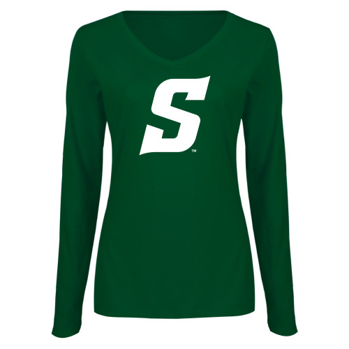  Womens Dark Green Long Sleeve V Neck Tee  - Secondary Logo