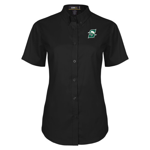  Womens Black Twill Button Up Short Sleeve - Primary logo