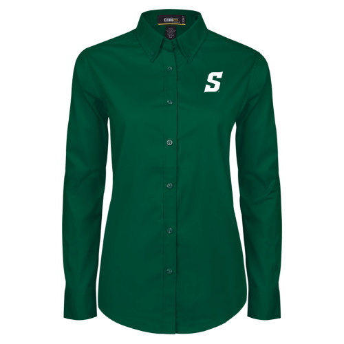  Womens Dark Green Twill Button Down Long Sleeve  - Secondary Logo