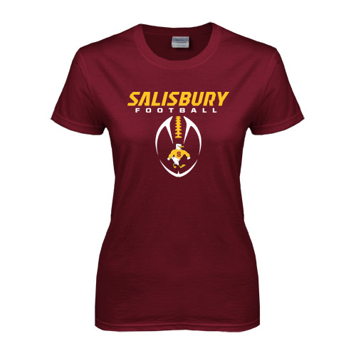  Womens Maroon Short Sleeve Tee - Salisbury Football Stacked w/ Ball