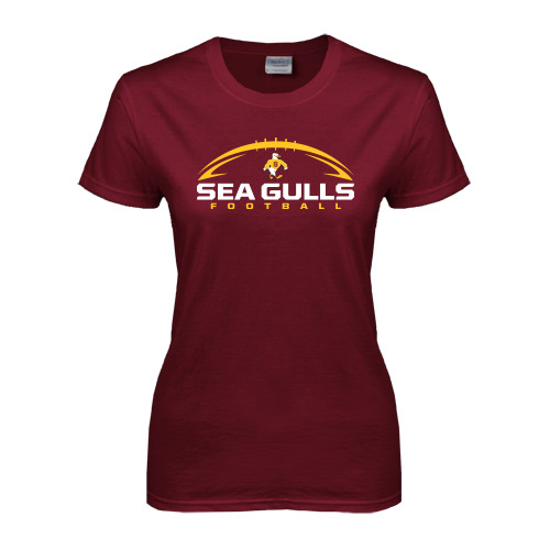  Womens Maroon Short Sleeve Tee - Sea Gulls Football Horizontal w/ Ball