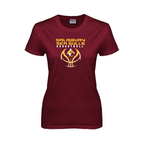  Womens Maroon Short Sleeve Tee - Graphics on Basketball