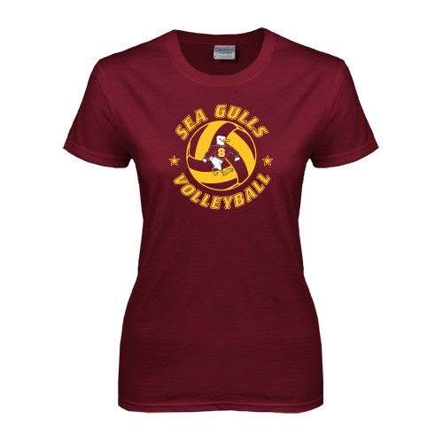  Womens Maroon Short Sleeve Tee - Volleyball Design