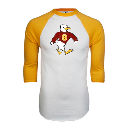  White/Gold Raglan Baseball T Shirt - Sammy the Sea Gull Distressed