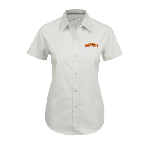  Womens White Twill Button Up Short Sleeve - Arched Salisbury University