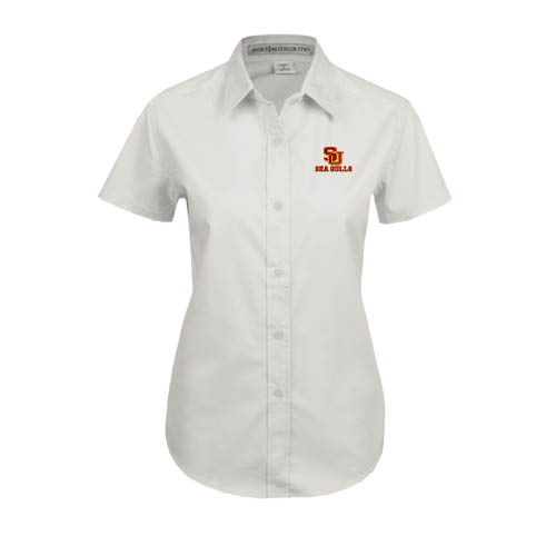  Womens White Twill Button Up Short Sleeve - SU Sea Gulls