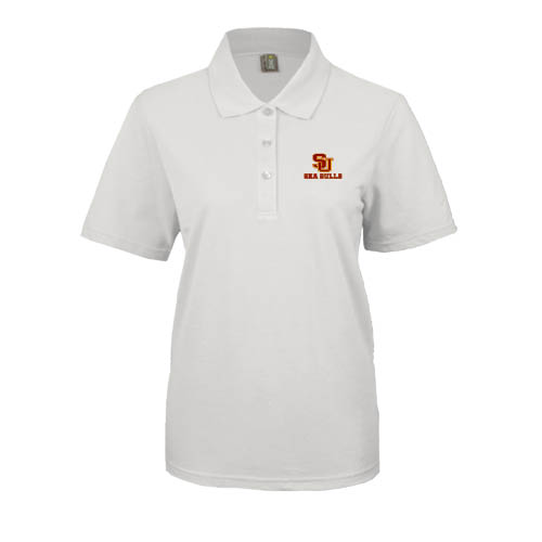  Womens Silk Touch White Pique Polo - SU Sea Gulls