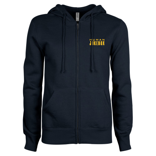  ENZA Womens Navy Fleece Full Zip Hoodie - Human Jukebox Wordmark