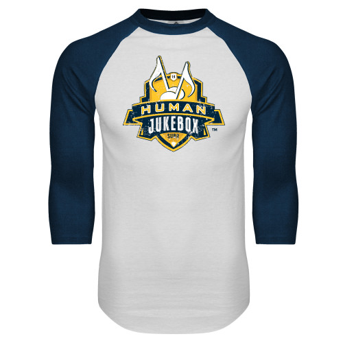  White/Navy Raglan Baseball T Shirt - The Human Jukebox Official Mark Distressed