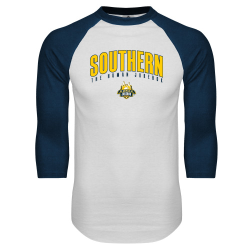  White/Navy Raglan Baseball T Shirt - Arched Southern The Human Jukebox