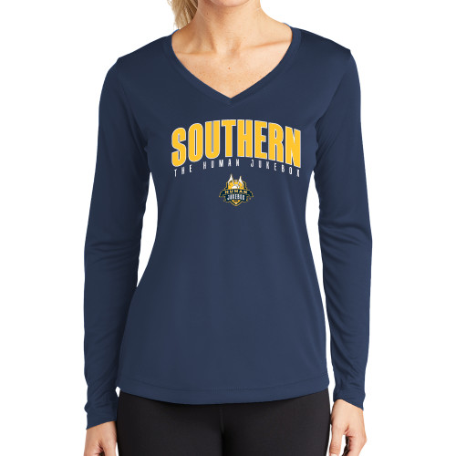  Womens Navy Performance Long Sleeve V Neck Shirt - Arched Southern The Human Jukebox