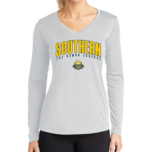  Womens White Performance Long Sleeve V Neck Shirt - Arched Southern The Human Jukebox