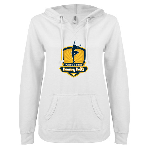  ENZA Womens White V Notch Raw Edge Fleece Hoodie - Fabulous Dancing Dolls