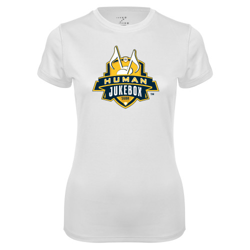 Womens White Performance Tee - The Human Jukebox Official Mark