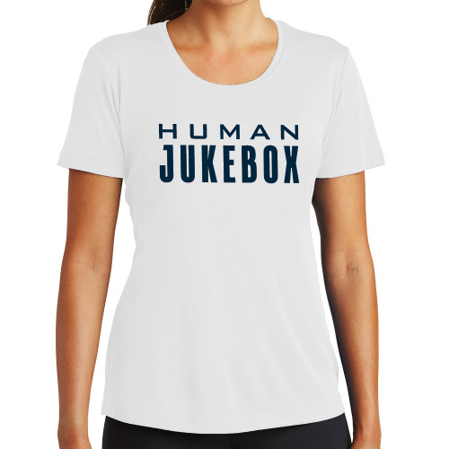  Womens White Performance Tee - Human Jukebox Wordmark