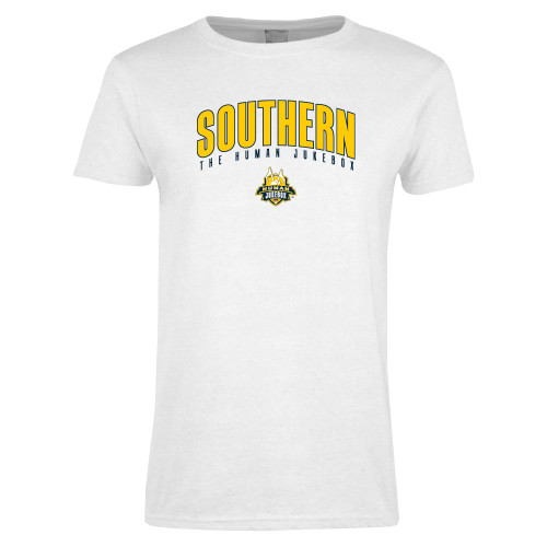  Womens White Short Sleeve Tee - Arched Southern The Human Jukebox