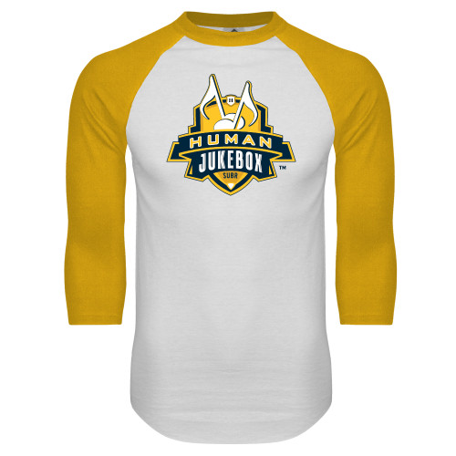  White/Gold Raglan Baseball T Shirt - The Human Jukebox Official Mark