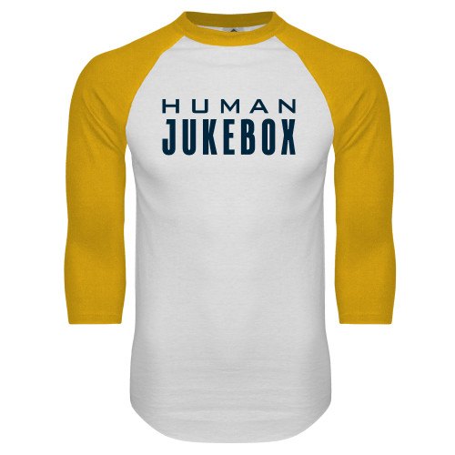  White/Gold Raglan Baseball T Shirt - Human Jukebox Wordmark