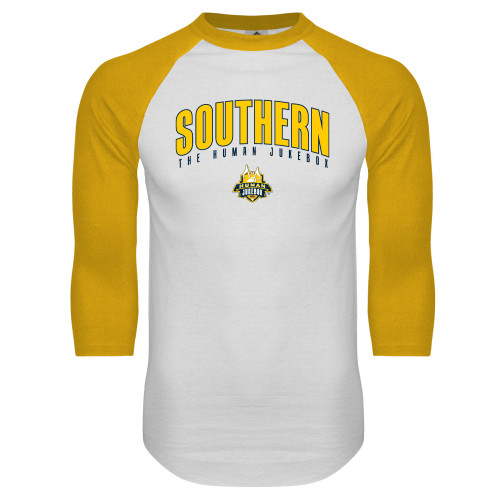  White/Gold Raglan Baseball T Shirt - Arched Southern The Human Jukebox