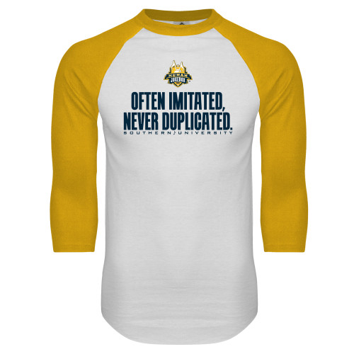  White/Gold Raglan Baseball T Shirt - Often Imitated