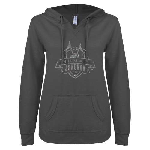  ENZA Womens Dark Heather V Notch Raw Edge Fleece Hoodie - A Silver Soft Glitter
