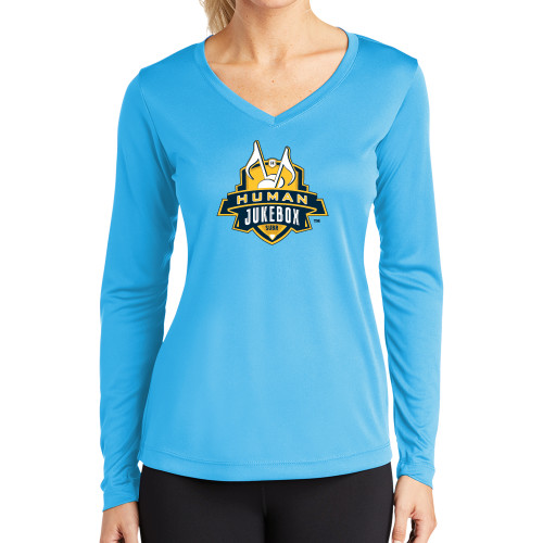  Womens Light Blue Performance Long Sleeve V Neck Shirt - The Human Jukebox Official Mark