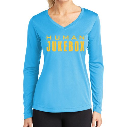  Womens Light Blue Performance Long Sleeve V Neck Shirt - Human Jukebox Wordmark
