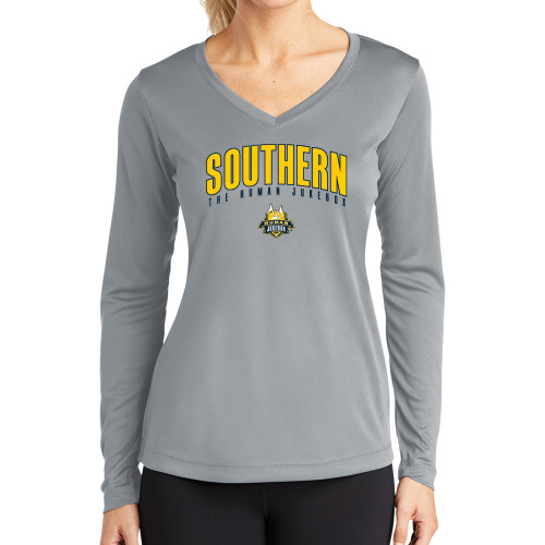  Womens Grey Performance Long Sleeve V Neck Shirt - Arched Southern The Human Jukebox