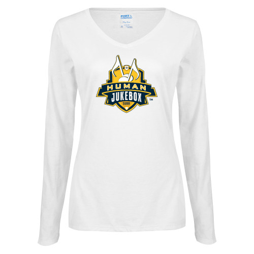  Womens White Long Sleeve V Neck Tee - The Human Jukebox Official Mark